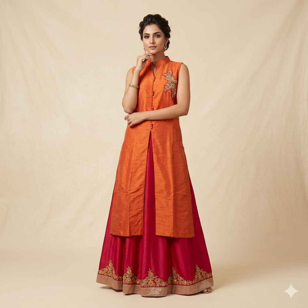 Burnt Orange Embroidered Indo-Western Set