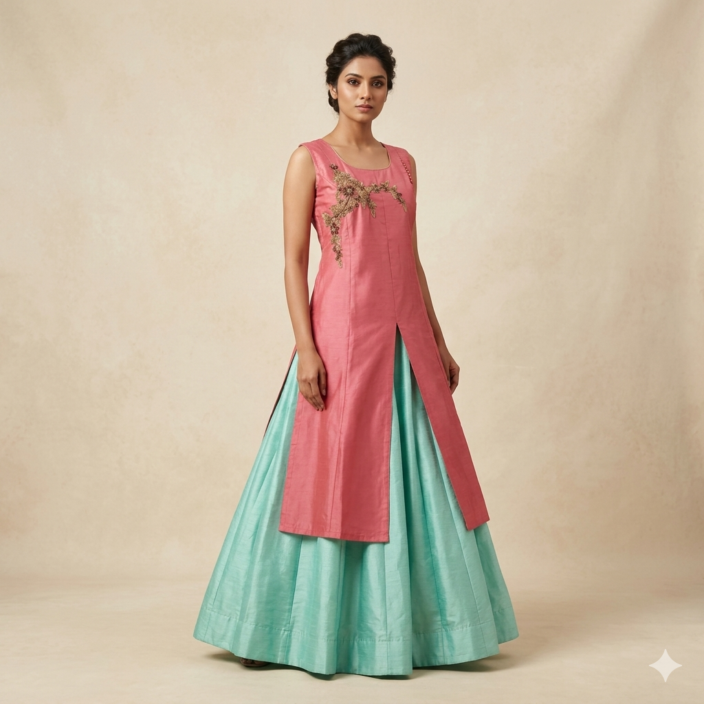 Pink Seagreen Embroidered Indo-Western Set
