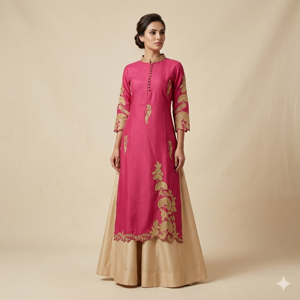 Pink Beige Dori Embroidered Indo-Western Set
