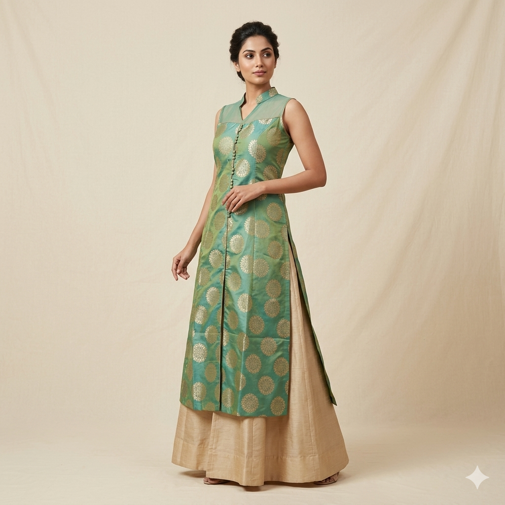 Pista Beige Upadda Weave Indo-Western Set