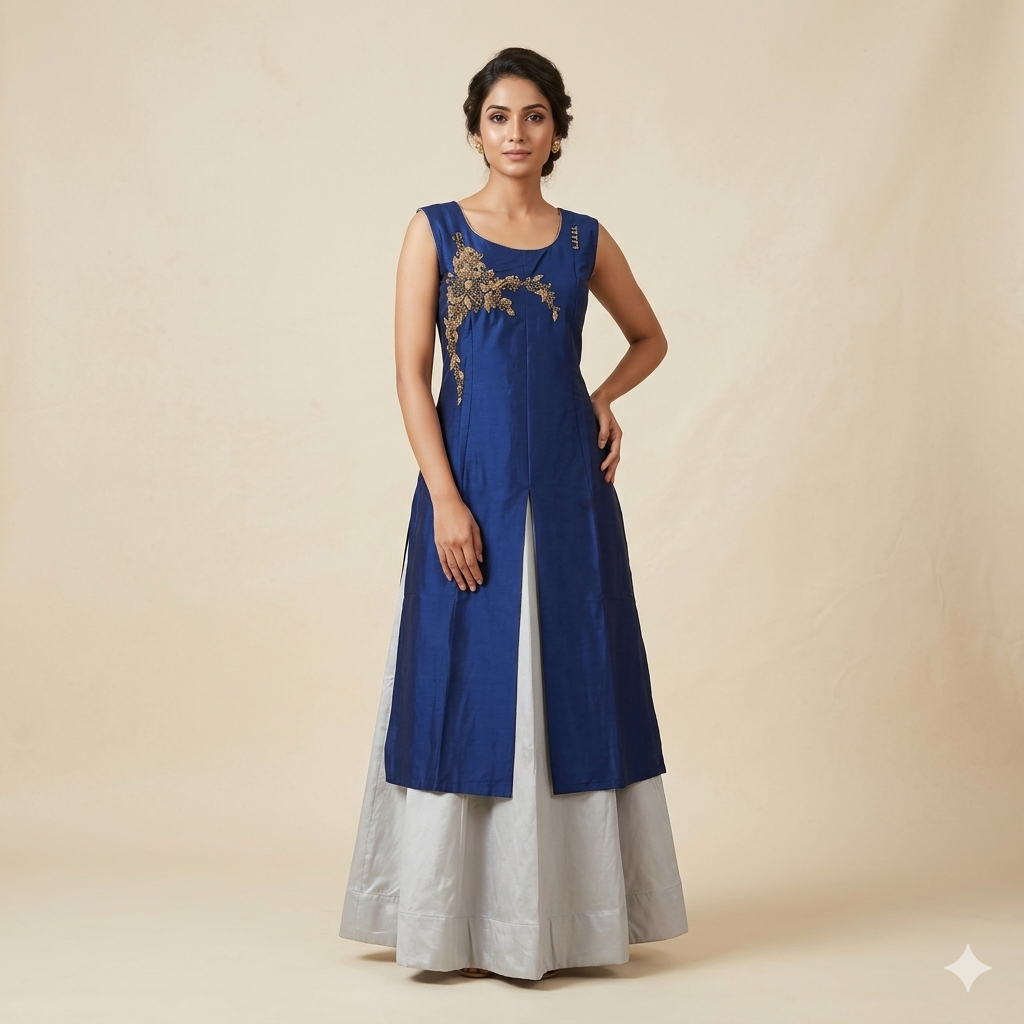 Blue Grey Embroidered Indo-Western Set