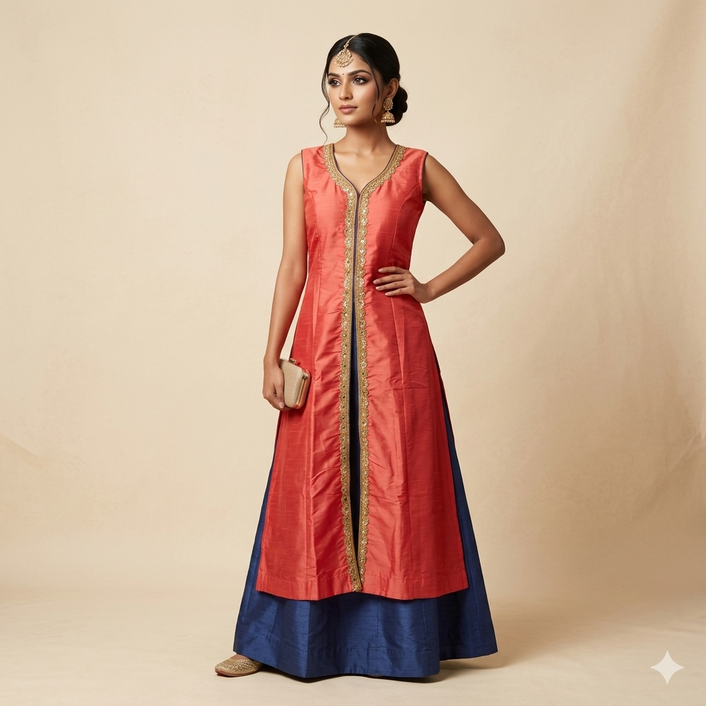 Coral Blue Embroidered Indo-Western Set