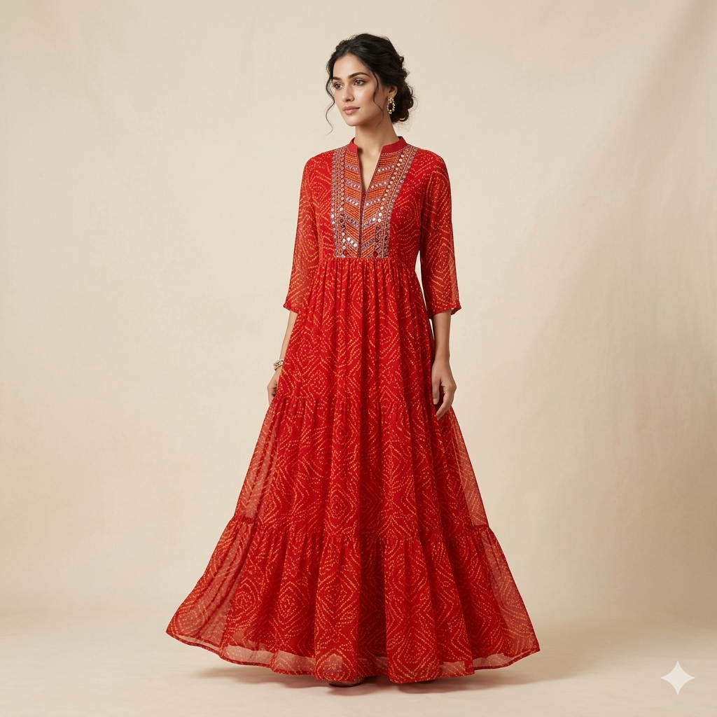 Red Bandhini Mirror Embroidered Gown