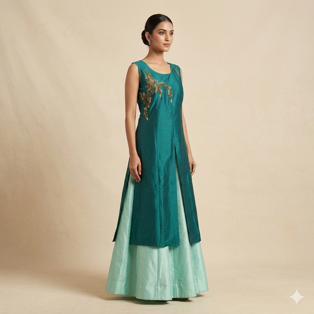 Rama Seagreen Embroidered Indo-Western Set