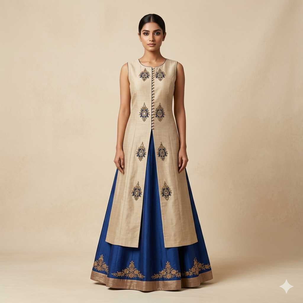 Beige Blue Embroidered Indo-Western Set