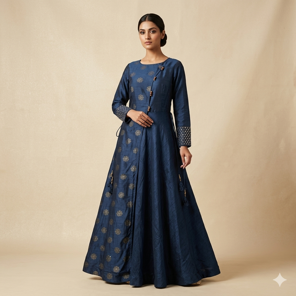 NavyBlue Asymmetric Print Gown