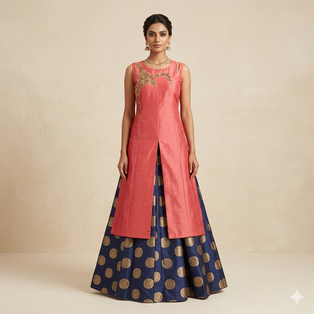 Peach Navy Embroidered Upadda Indo-Western Set