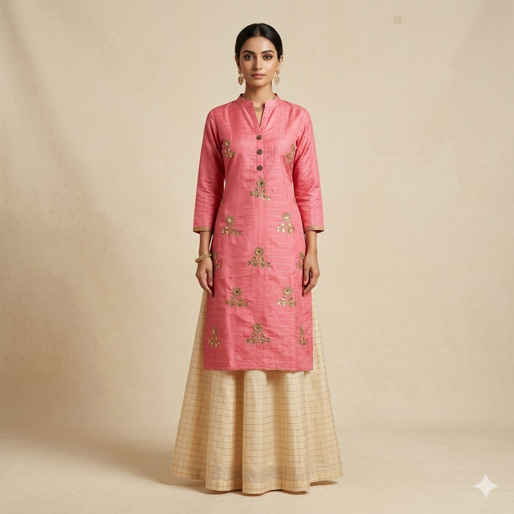 Pink Beige Chex Weave Embroidered Indo-Western Set