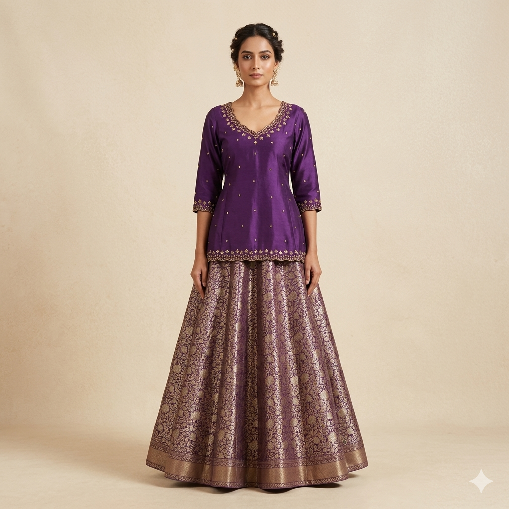 Deep Purple Gajji Abla Kedia with Benarasi Woven Skirt