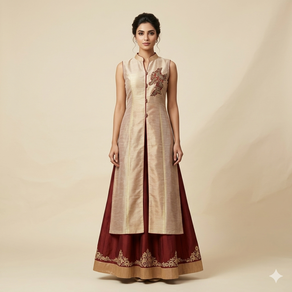 Beige Maroon Embroidered Indo-Western Set