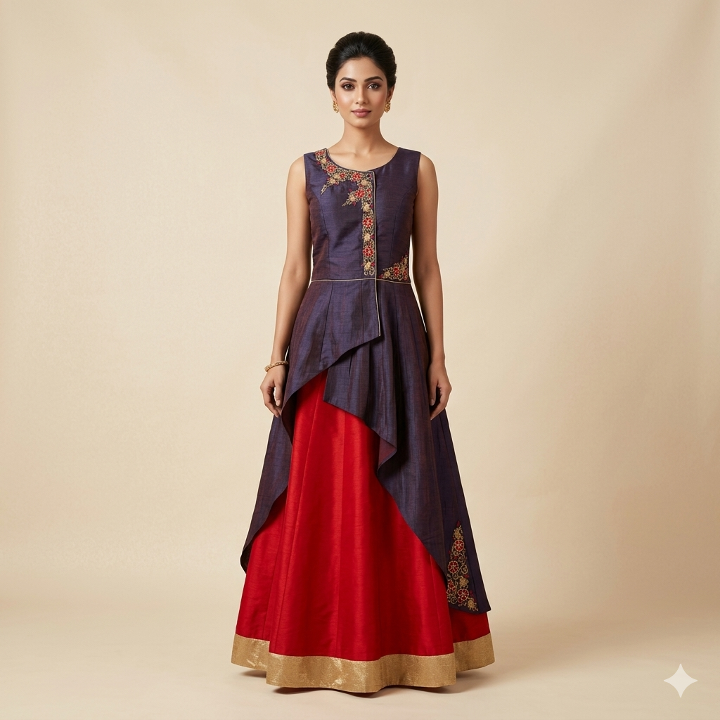 Purple Red Asymmetric Embroidered Indo-Western Set