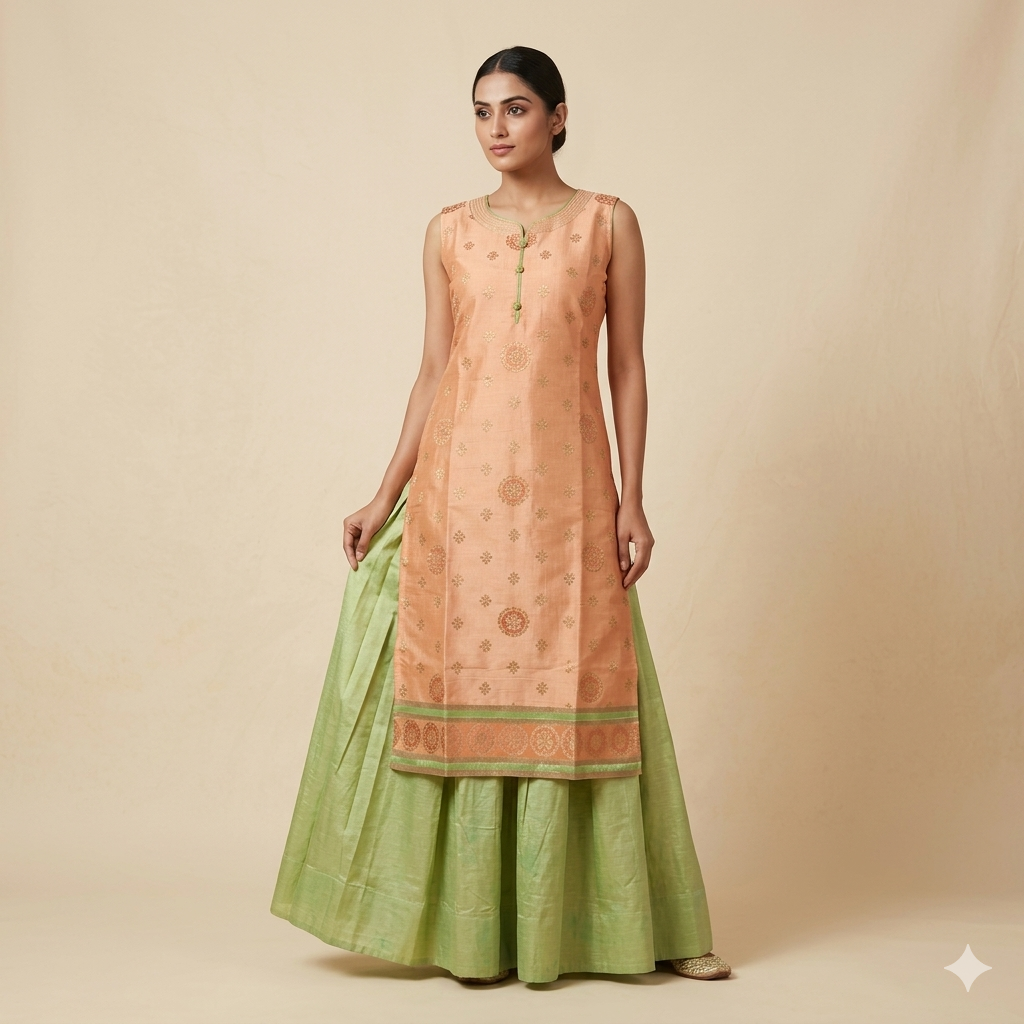 Peach Pista Benarasi Buti Indo-Western Set