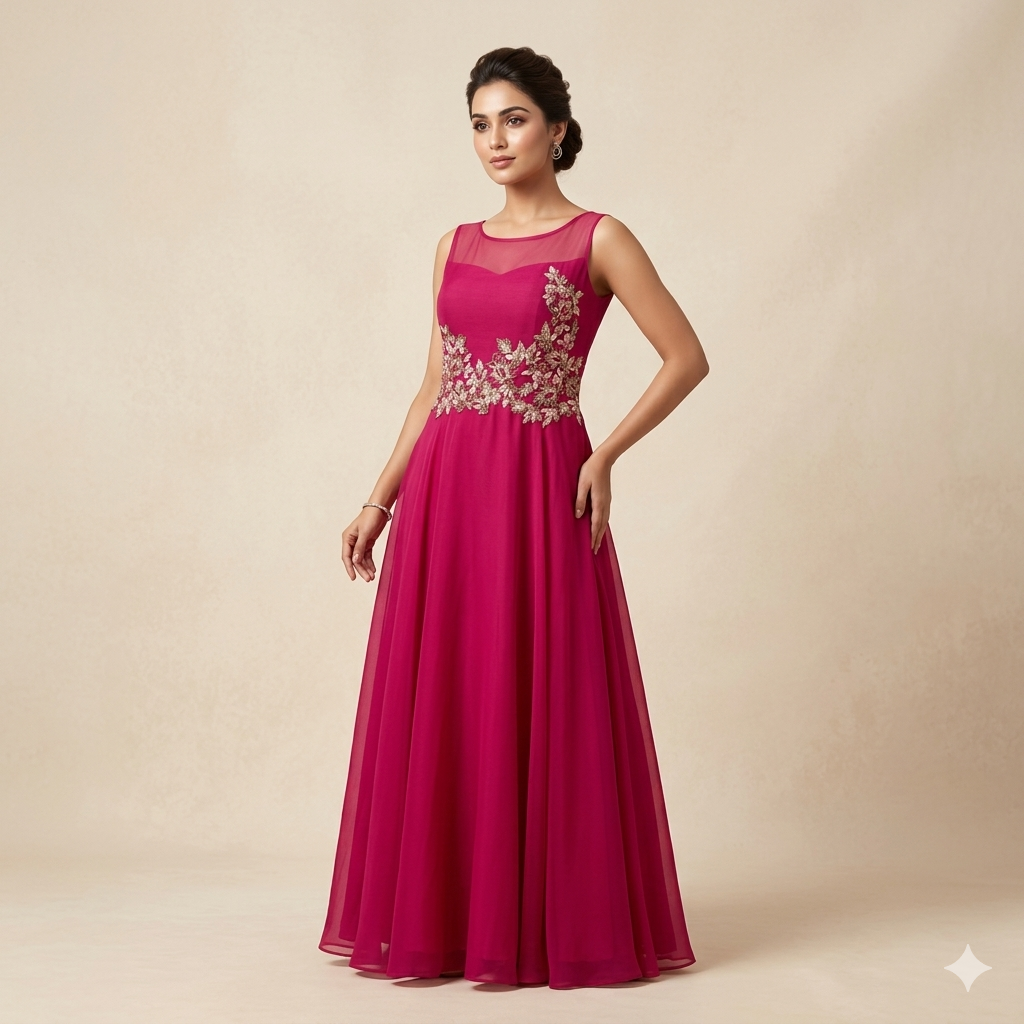 Hot Pink Georgette Embroidered Gown