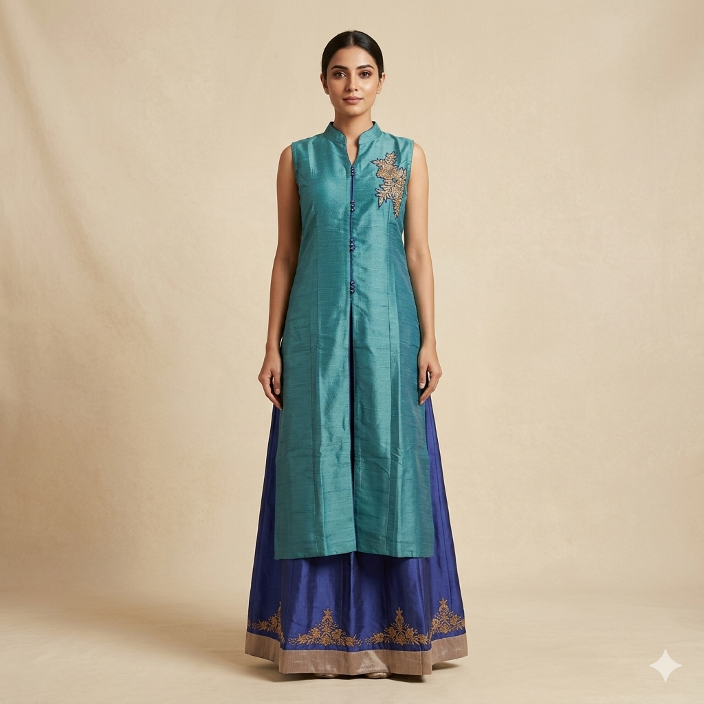 Teal Blue Embroidered Indo-Western Set