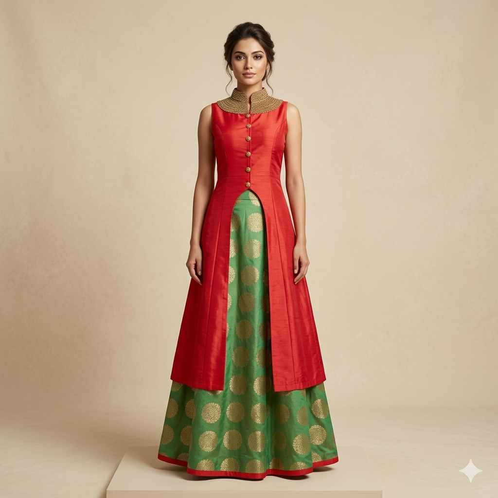 Coral Mehendi Embroidered Upadda Indo-Western Set