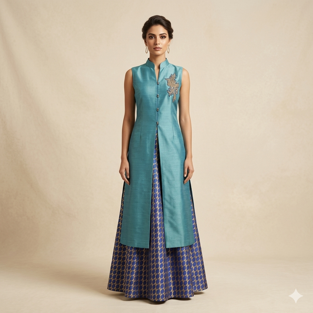 Teal Embroidered Woven Indo-Western Set