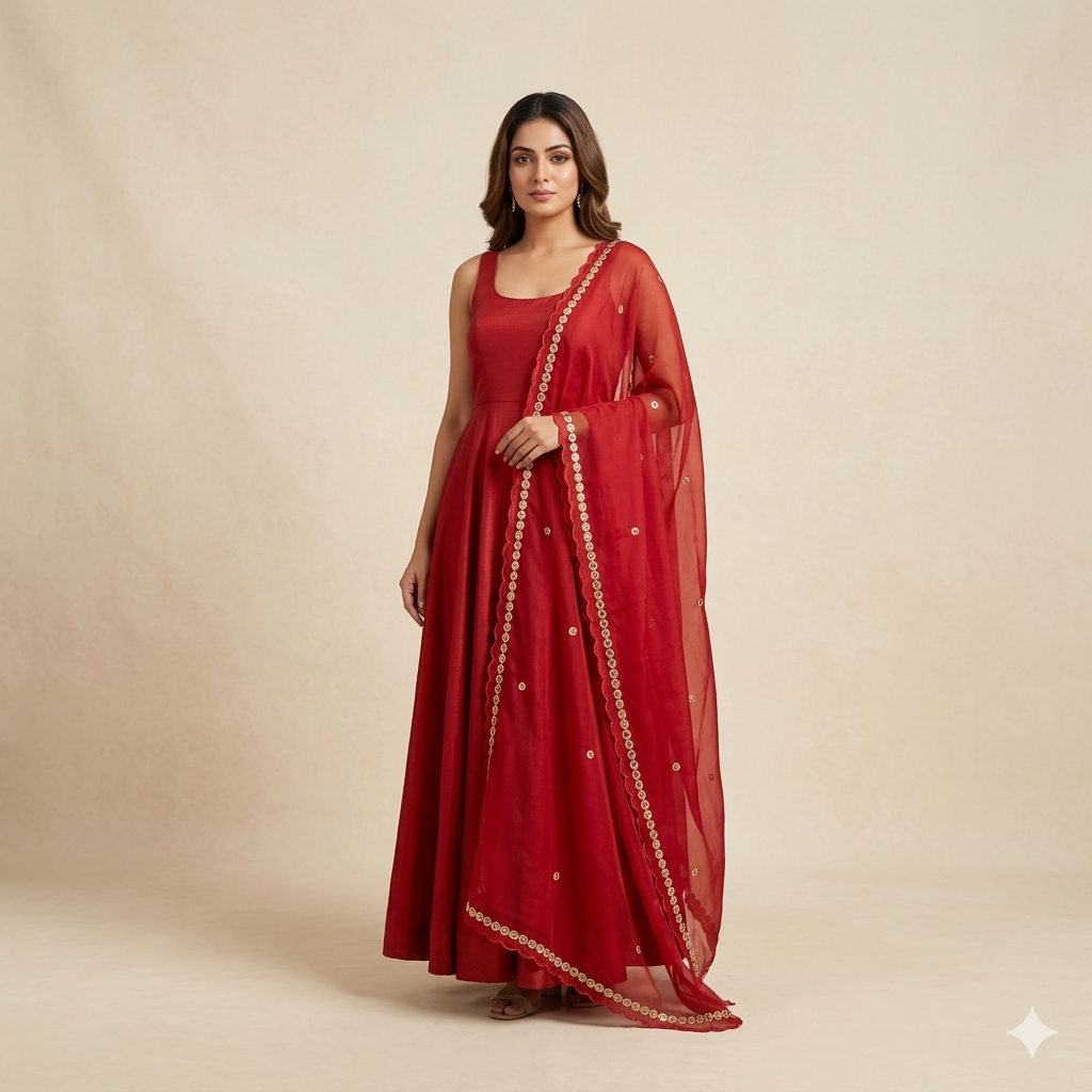 Cherry Red Tissue Anarkali with SilkOrganza Tikla Embroidered Dupatta