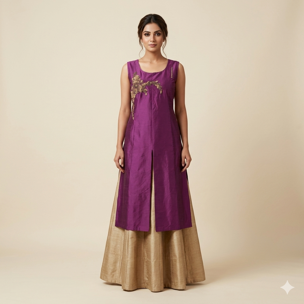 Wine Beige Embroidered Indo-Western Set