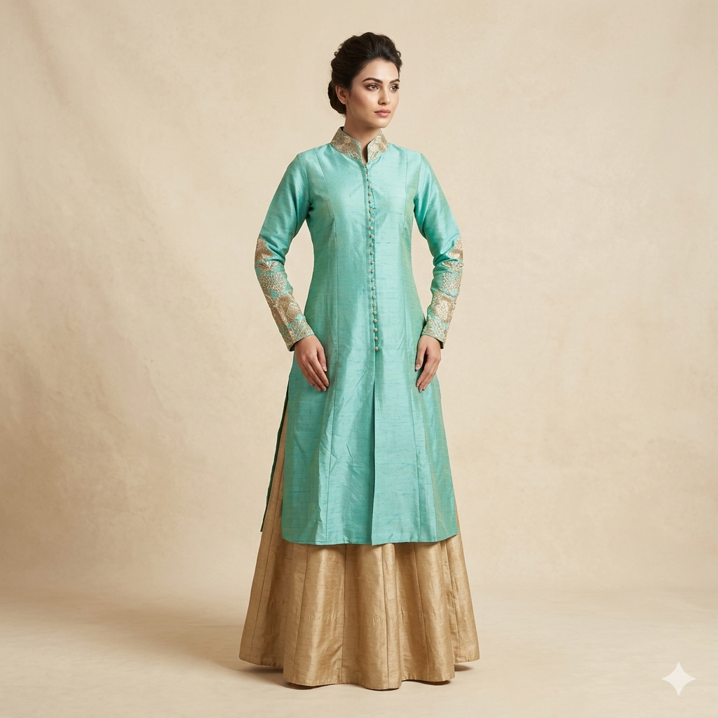 Seagreen Beige Heavy Cuff Indo-Western Set