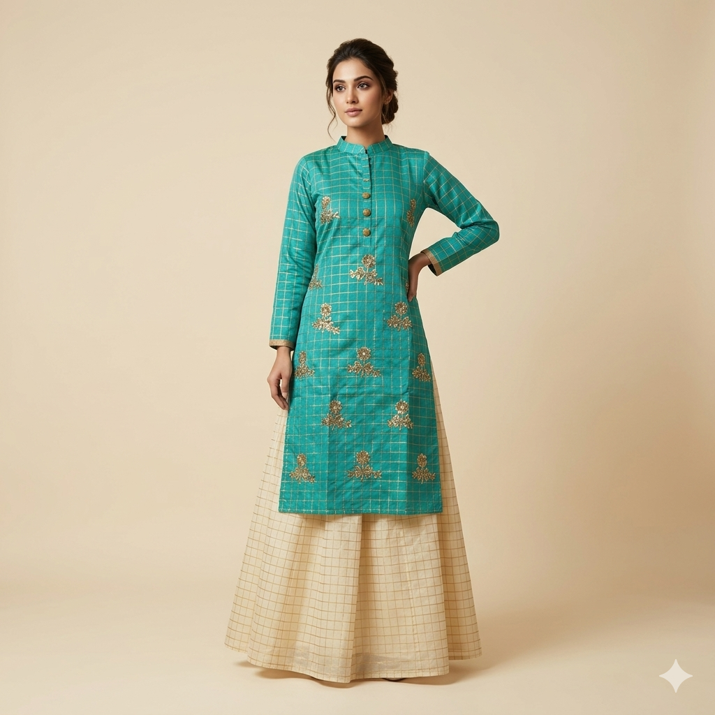 Seagreen Beige Chex Weave Embroidered Indo-Western Set
