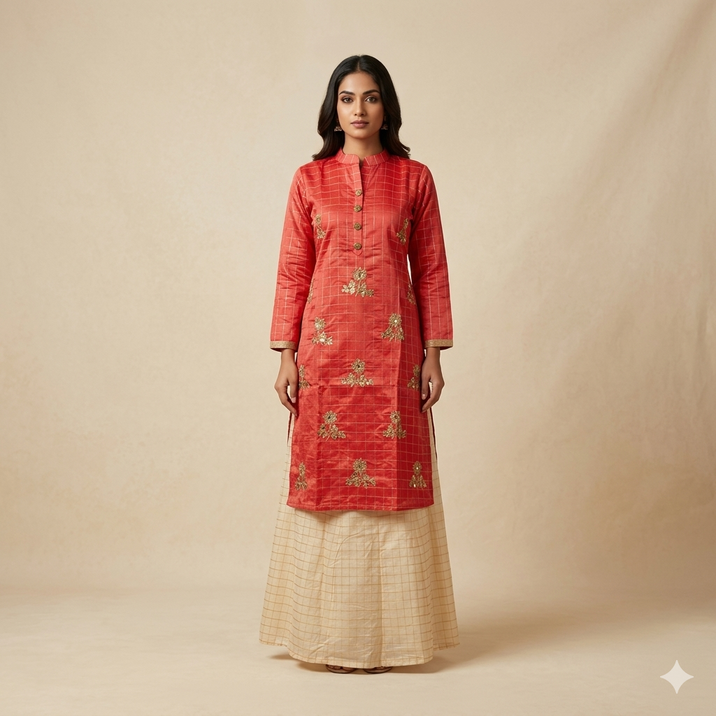 Rust Beige Chex Weave Embroidered Indo-Western Set