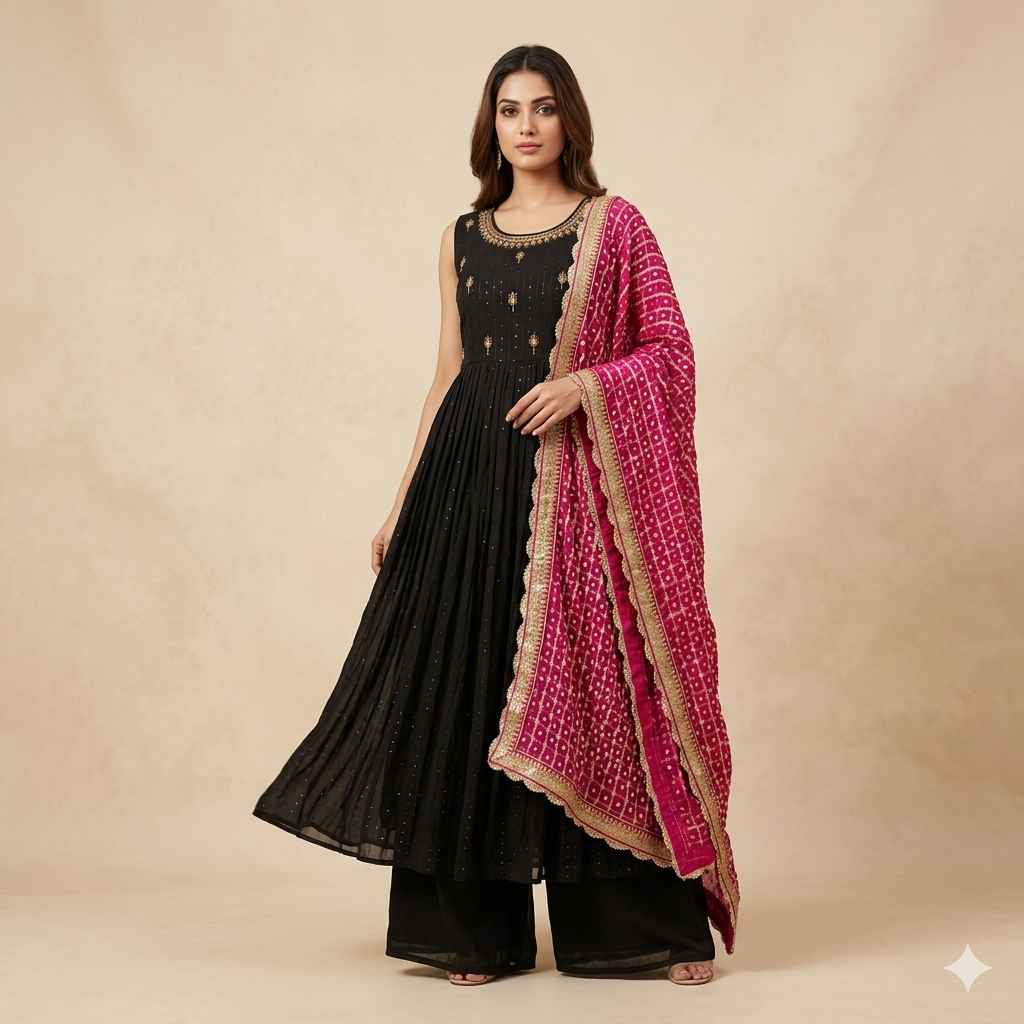 Black Kurta Palazzo Set with Bandhini Dupatta