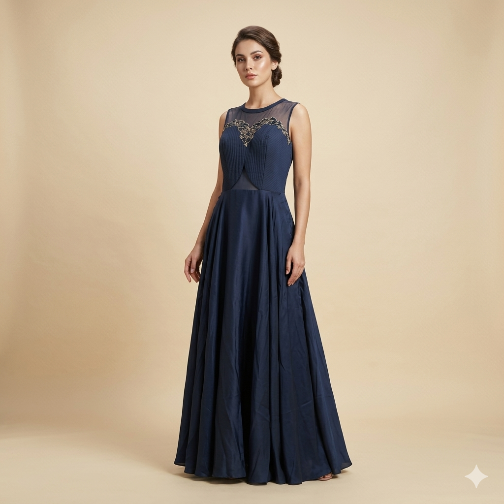 Navy Embroidered Sheer Gown