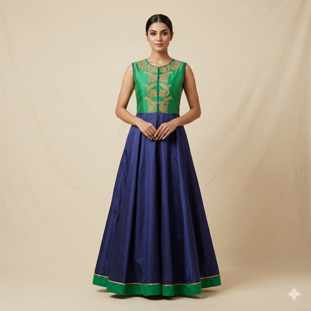 Green Blue Embroidered Gown