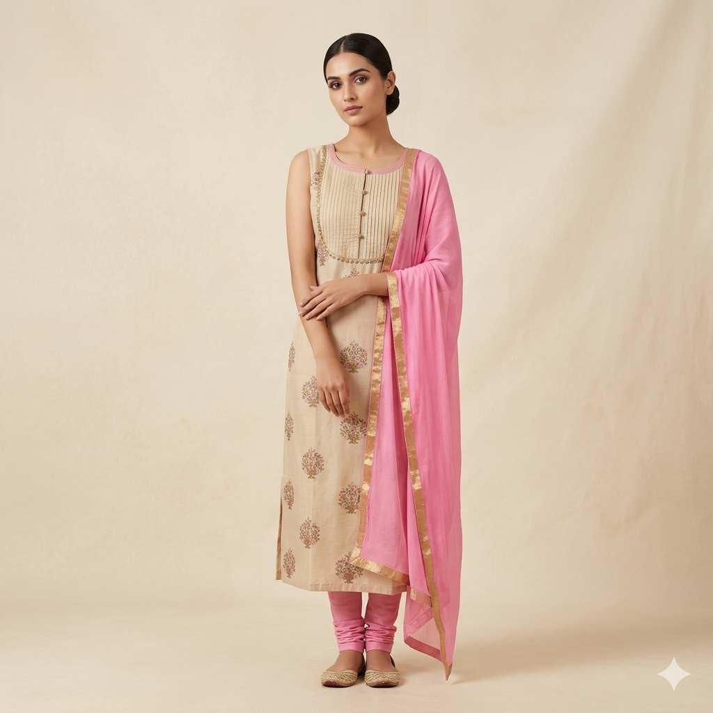 Beige Parsi Buta Kurta Set