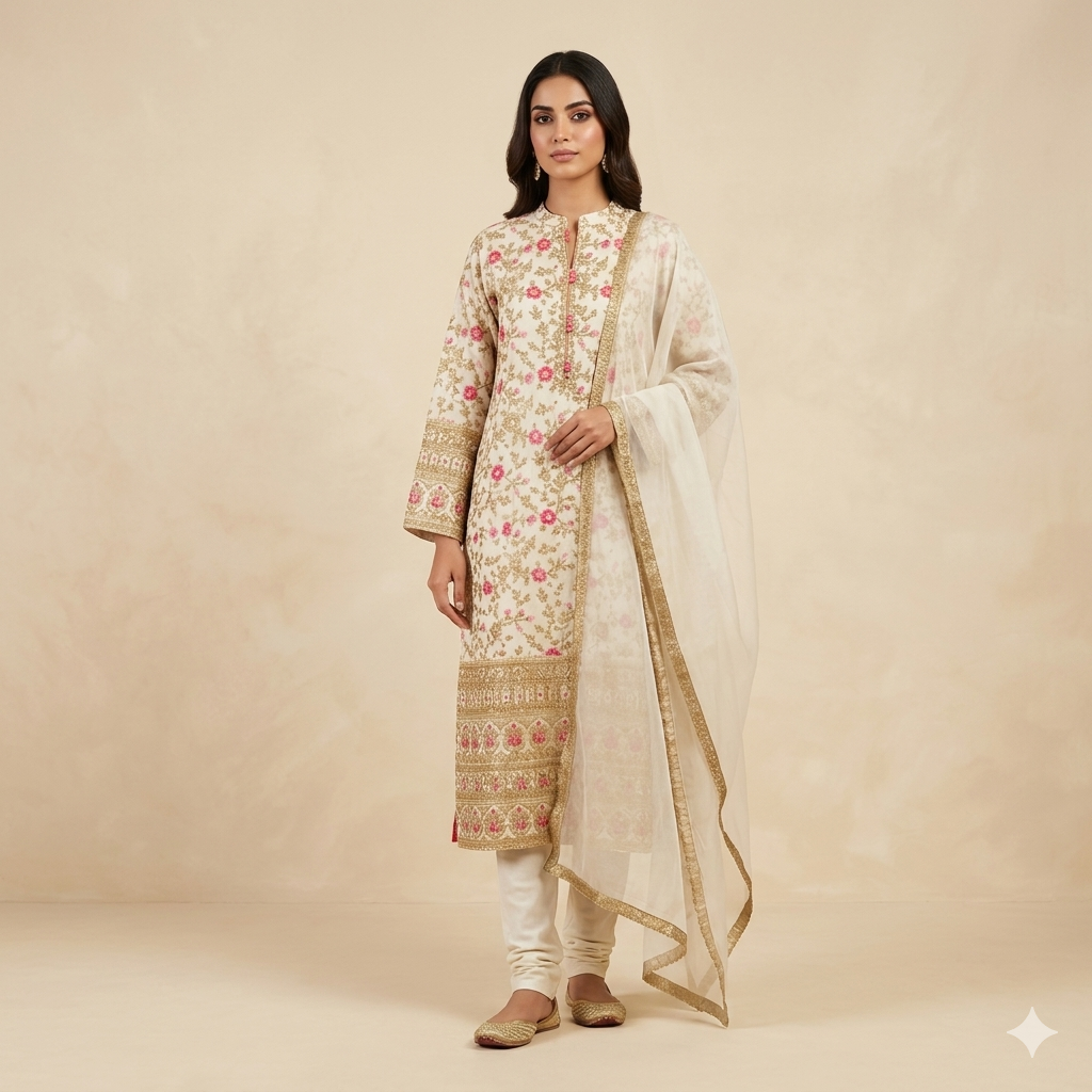 Beige Parsi Jaal Kurta Set