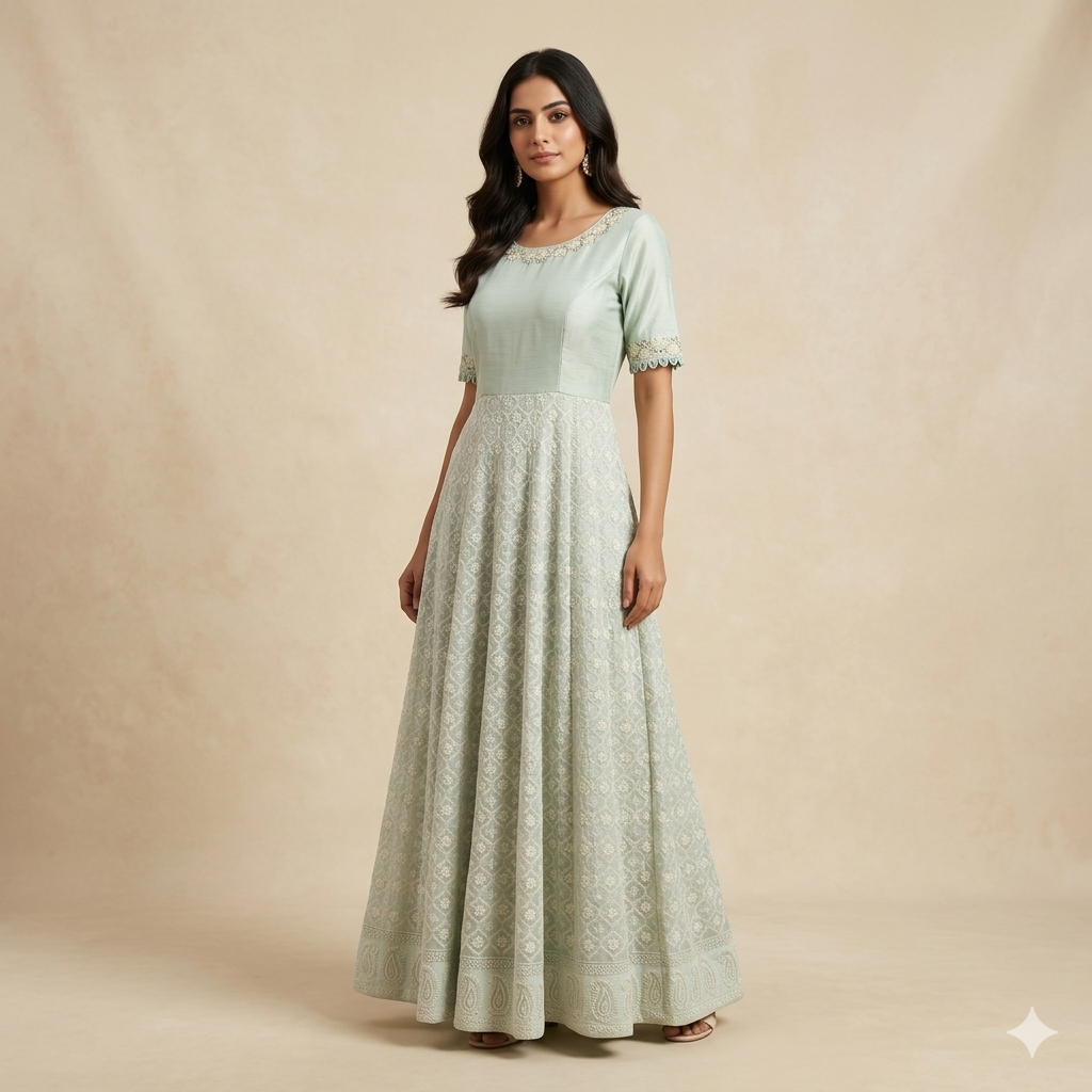 Mint Chikankari Embroidered Gown