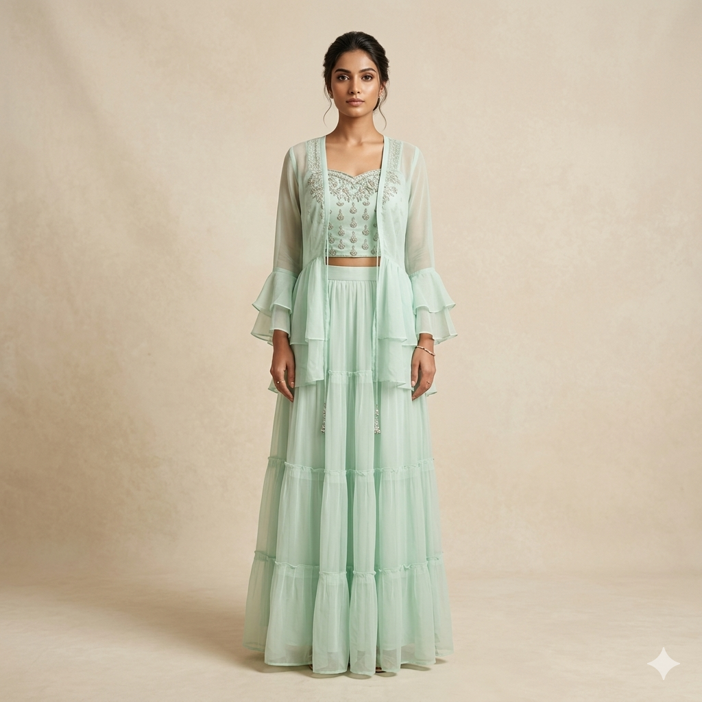 Seagreen Georgette Embroidered Bralette Shrug Set