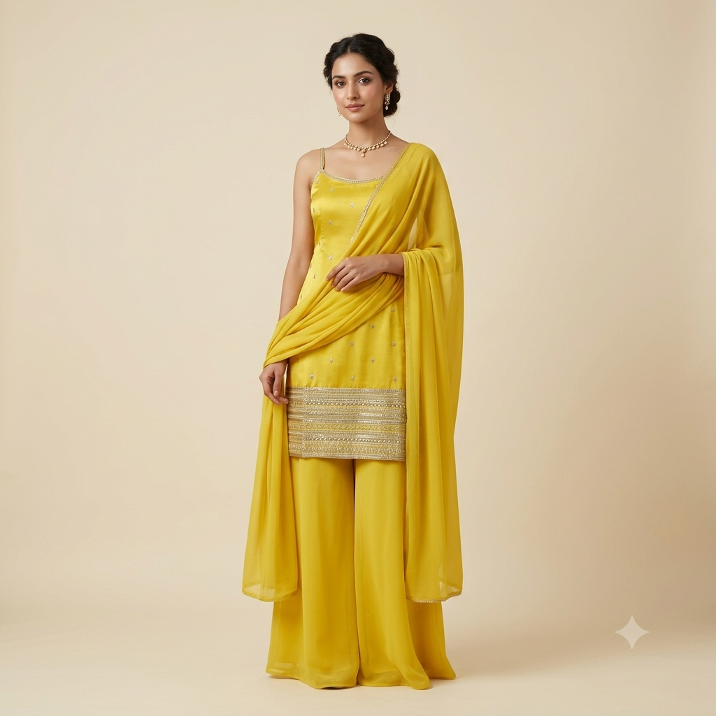 Embroidered Tissue Short Top Plazzo Set