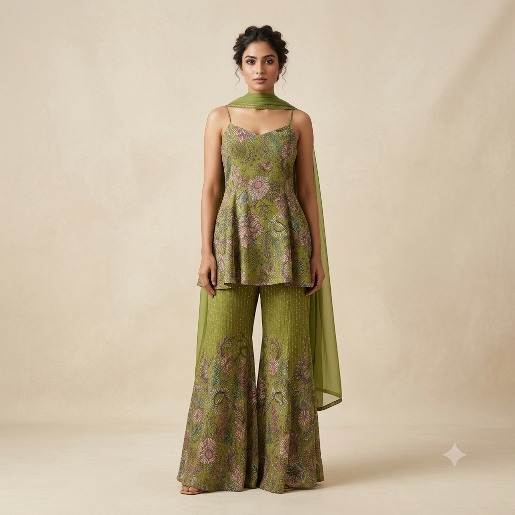 Mehendi Printed Spaghetti Kalidar Top & Plazzo Set