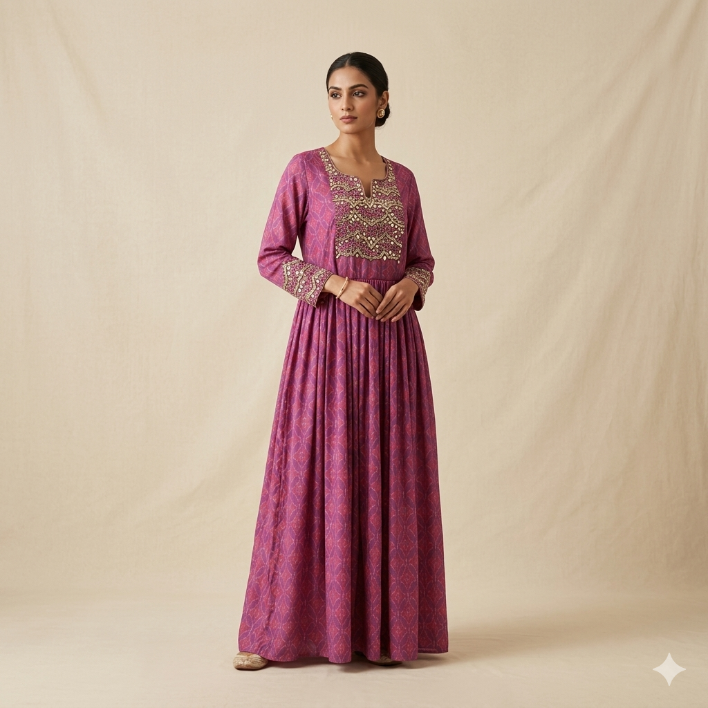 Majenta Ikkat Print Mirror Embdroidered Gown
