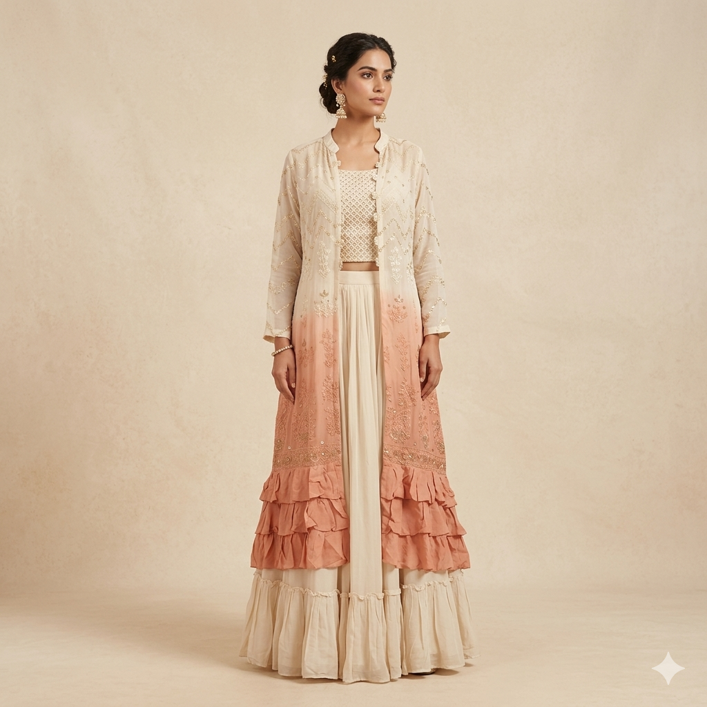 Peach Ombre Chikankari Shrug Set