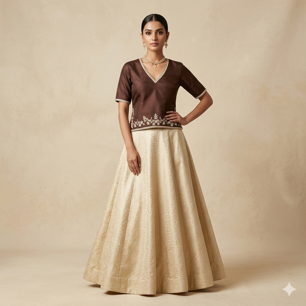 Coffee Short Embroidered Top with Benarasi Brocade Skirt