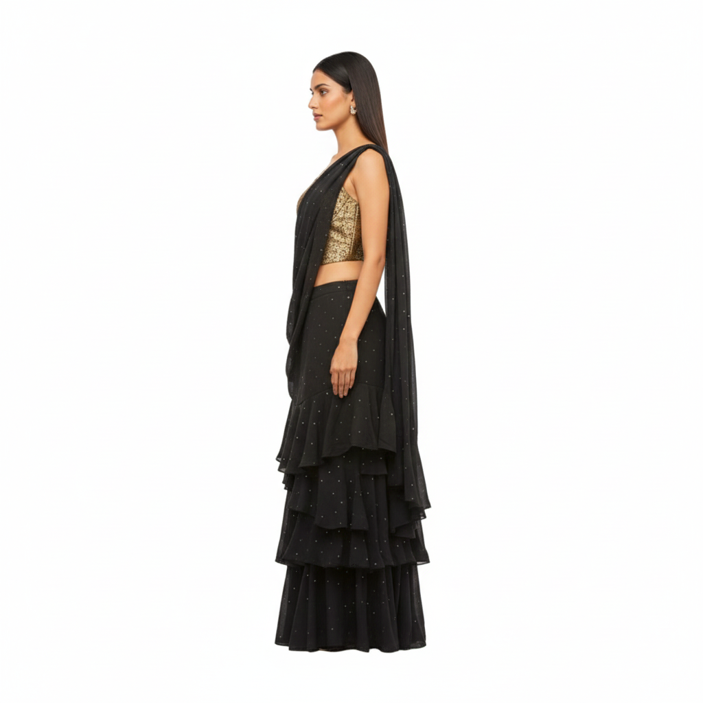 Pre-Drapped Black Frill Saree with Statement Gold Work Blouse