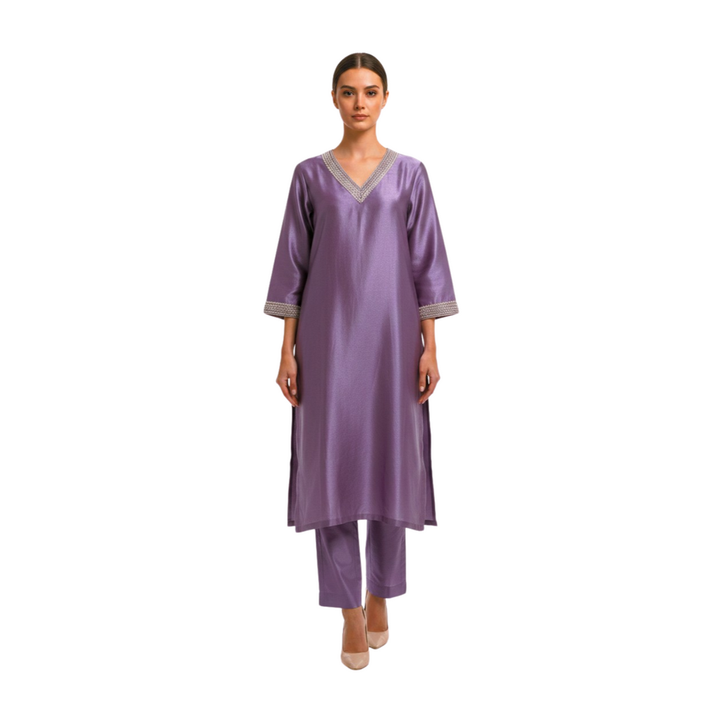 Mauve Silk-Satin V-Neck Kurta Set with Intricate Zari Border