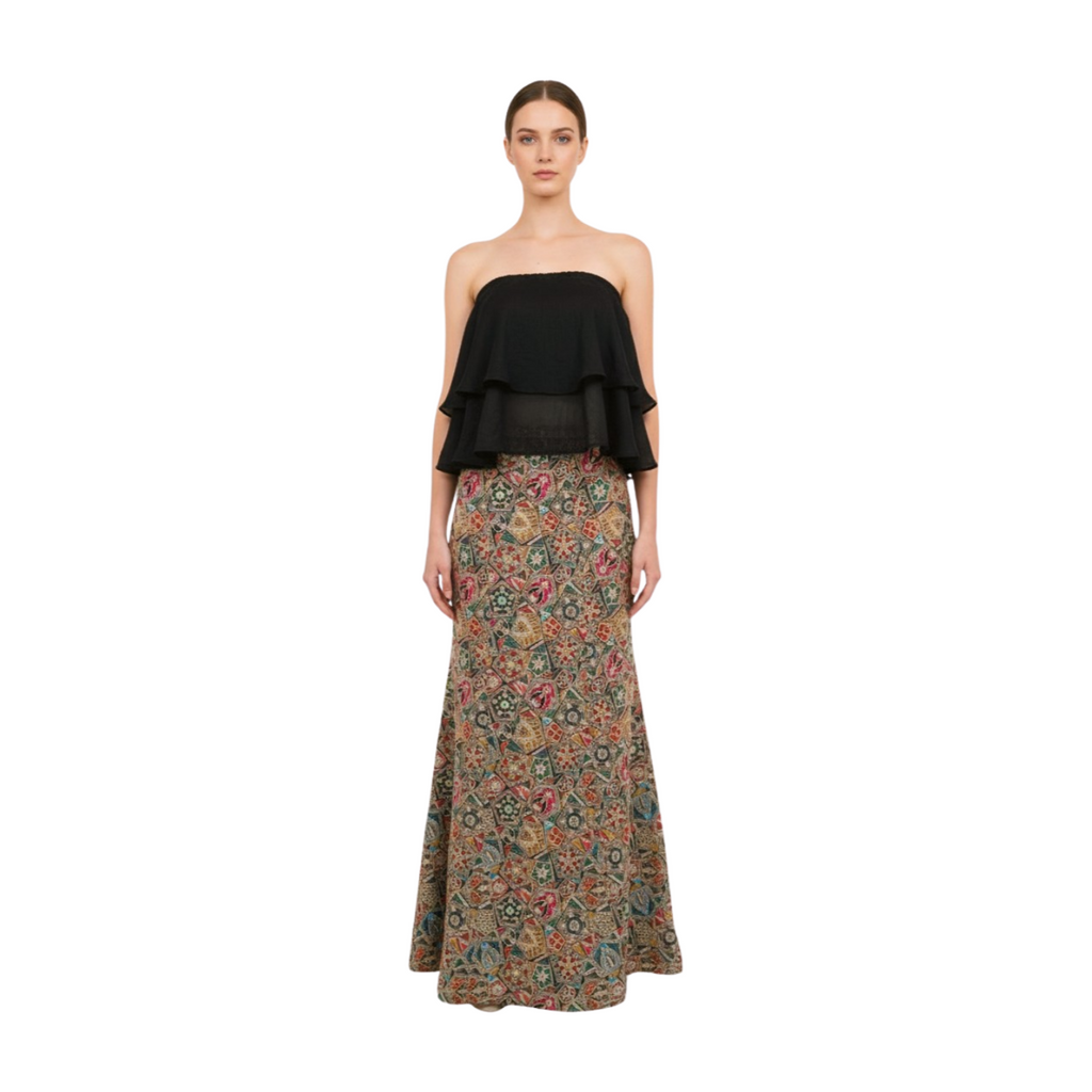 Contemporary Strapless Ruffle Crop Top with Ethnic Print Skirt