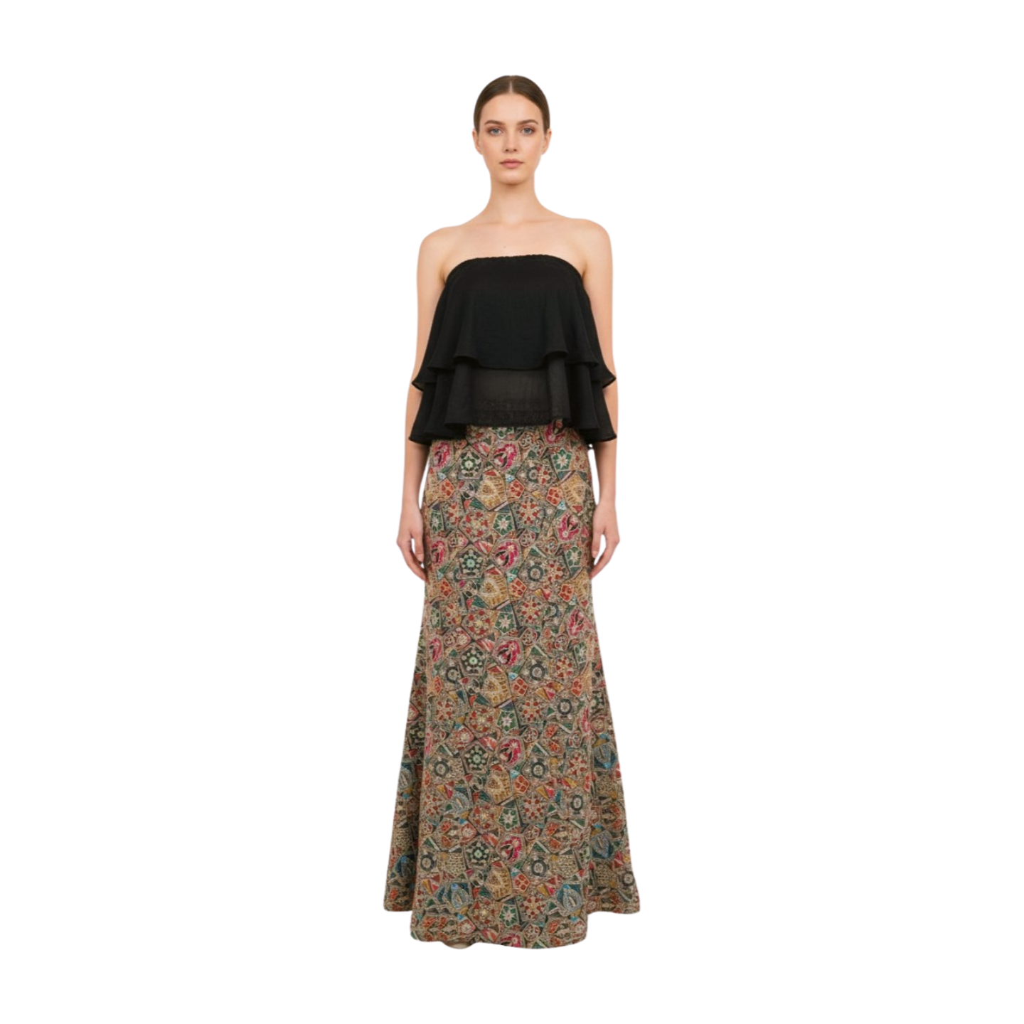 Contemporary Strapless Ruffle Crop Top with Ethnic Print Skirt