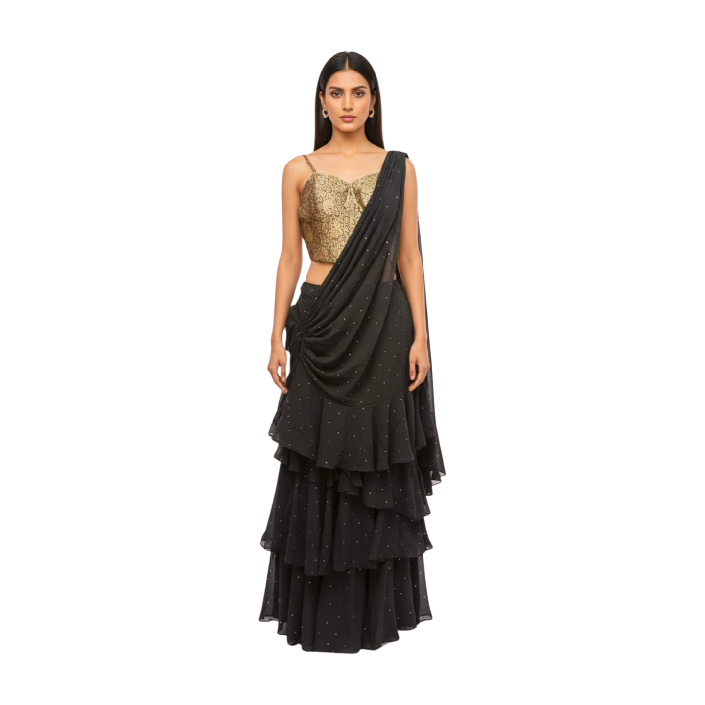 Pre-Drapped Black Frill Saree with Statement Gold Work Blouse