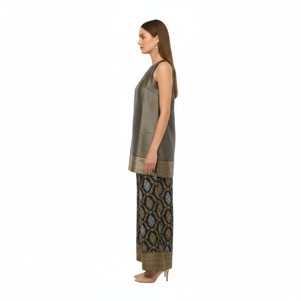 Elegant Silk Blend High-Neck Kurta and Printed Wide Palazzos