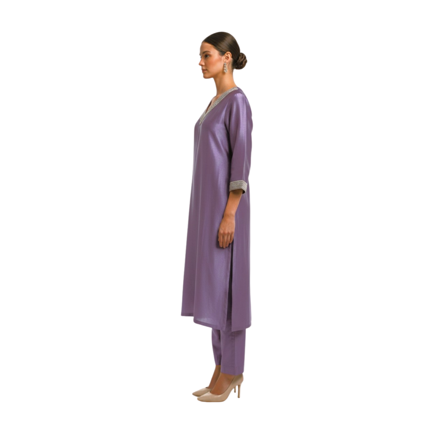 Mauve Silk-Satin V-Neck Kurta Set with Intricate Zari Border