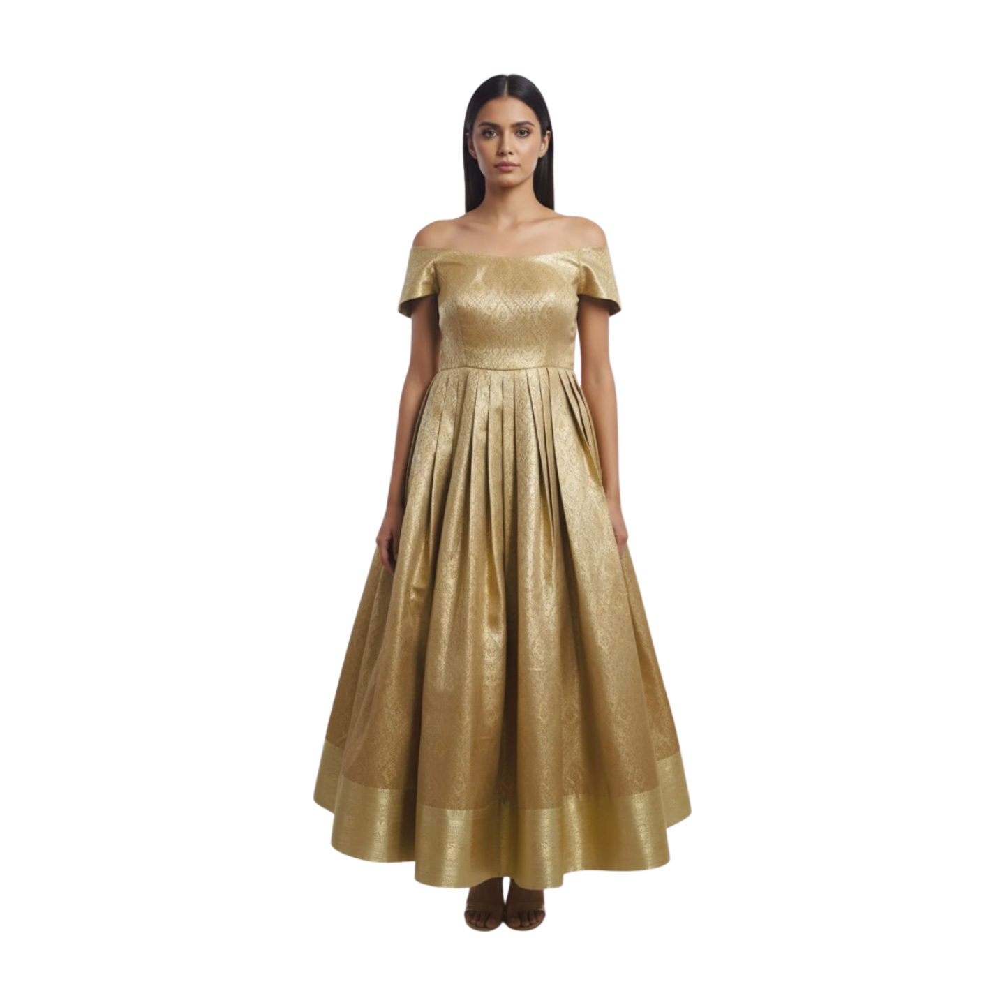Regal Gold Brocade Off-Shoulder Pleated Gown