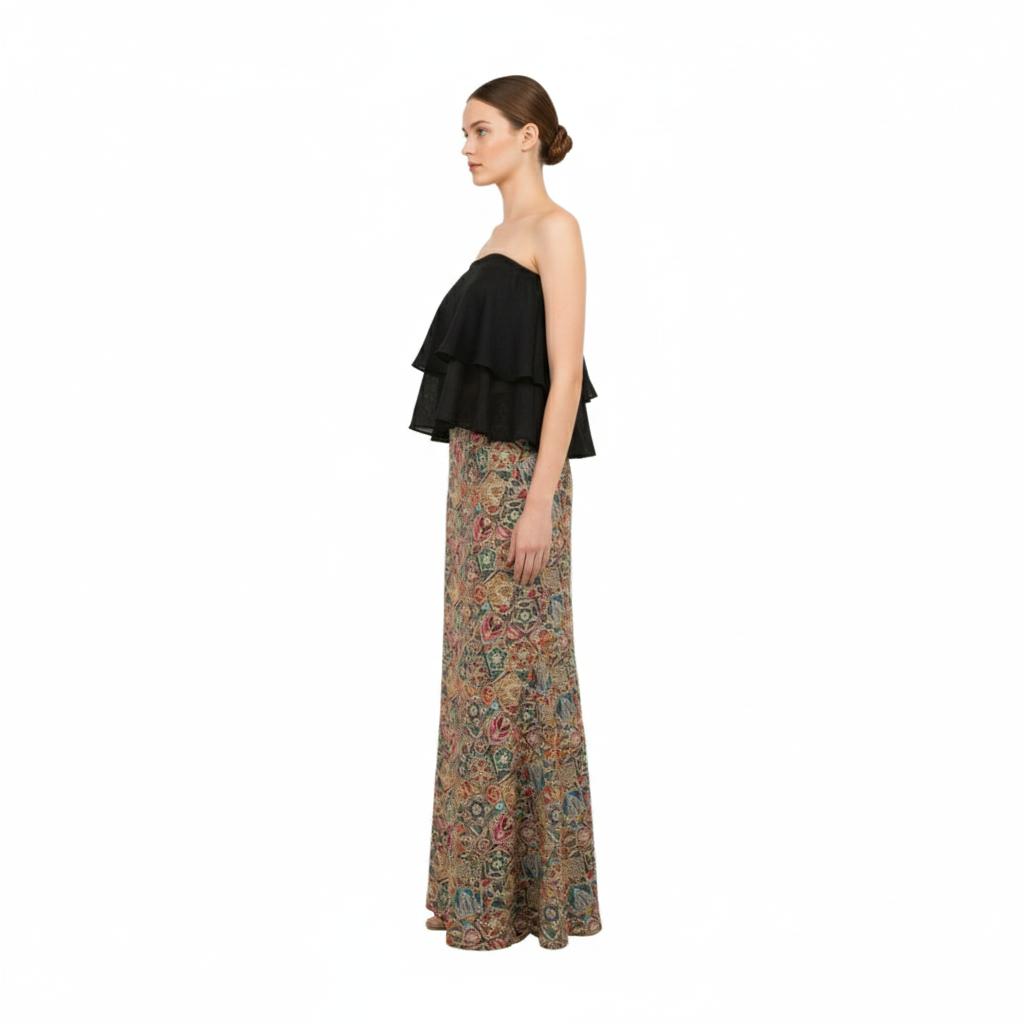 Contemporary Strapless Ruffle Crop Top with Ethnic Print Skirt