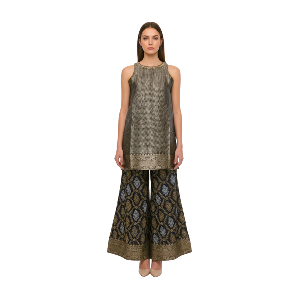 Elegant Silk Blend High-Neck Kurta and Printed Wide Palazzos