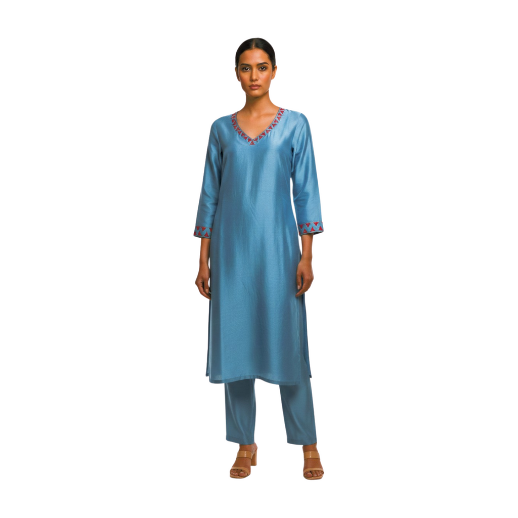 Azure Sky Geometric Embroidered Silk Set