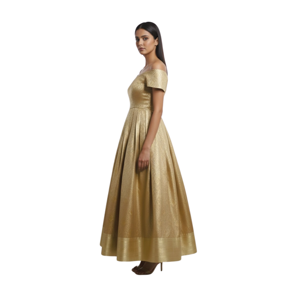 Regal Gold Brocade Off-Shoulder Pleated Gown
