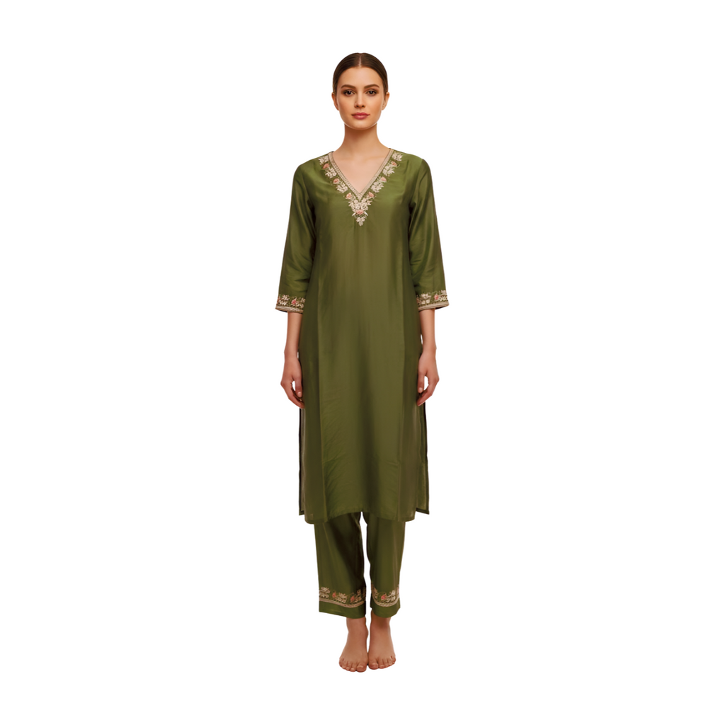 Moss Radiance Floral Embroidered Silk Set